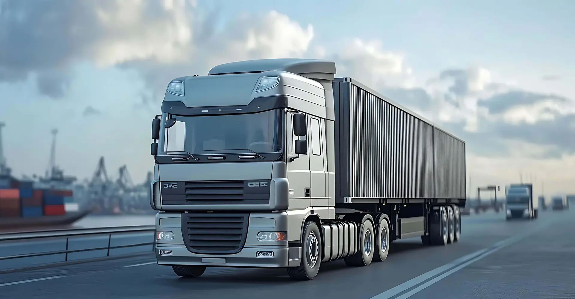 Semi truck with a trailer driving on an open highway